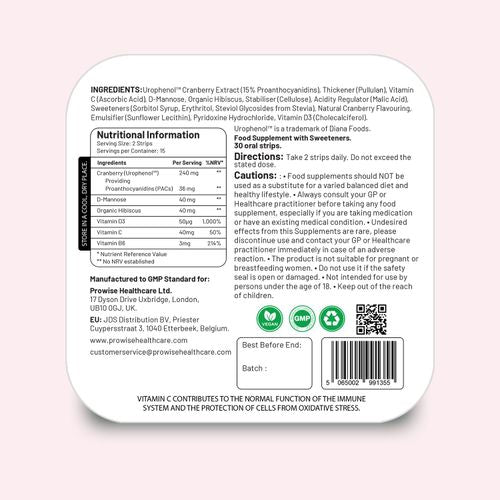 PROSTRIP®️ CRANBERRY+ Urophenol™ Providing 36 mg Proanthocyanidins (PACs) 30 Oral Vegan Strips – No water Needed