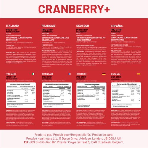 PROSTRIP®️ CRANBERRY+ Urophenol™ Providing 36 mg Proanthocyanidins (PACs) 30 Oral Vegan Strips – No water Needed