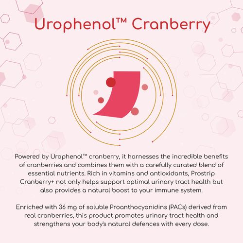 PROSTRIP®️ CRANBERRY+ Urophenol™ Providing 36 mg Proanthocyanidins (PACs) 30 Oral Vegan Strips – No water Needed